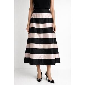 Mary Katrantzou Silk Black & Blush Striped Midi Skirt Formal Satin A-Line US 12